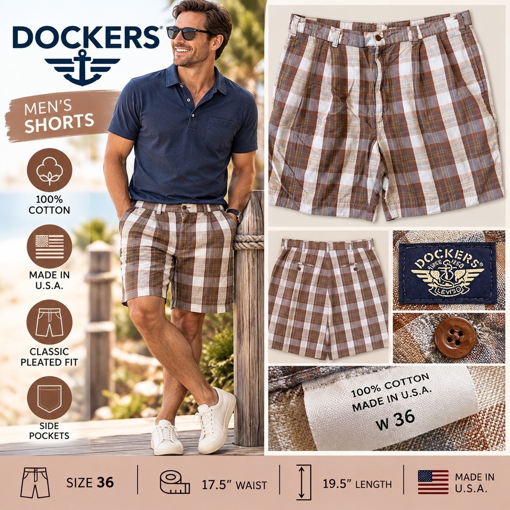 Vintage Dockers Men's 36 Brown Plaid Shorts 100% Cotton Made in USA Preppy